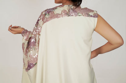 Off-white crepe caftan Dress with an embroidered sequence sleeve