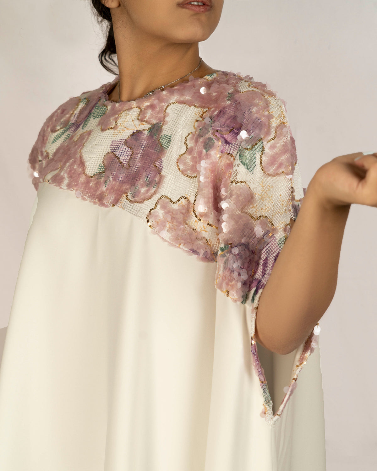 Off White Crepe Caftan Dress With Purple Sequence