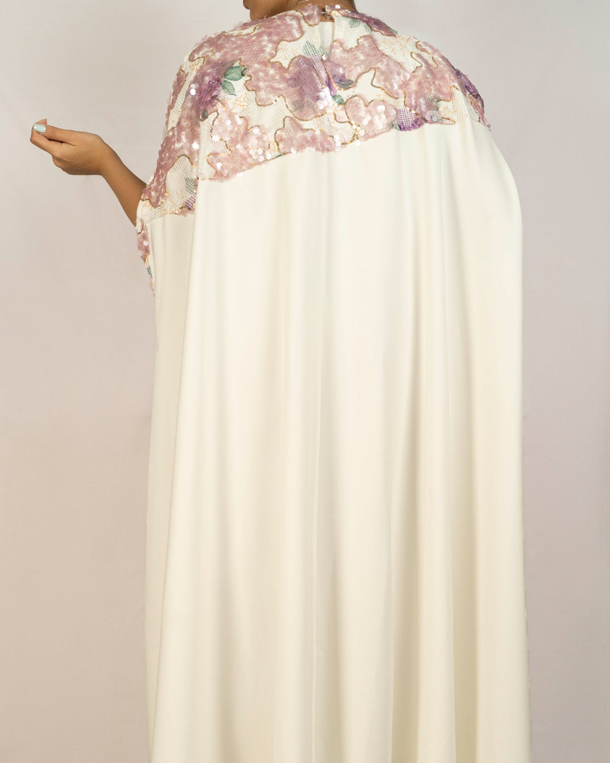 Off White Crepe Caftan Dress With Purple Sequence