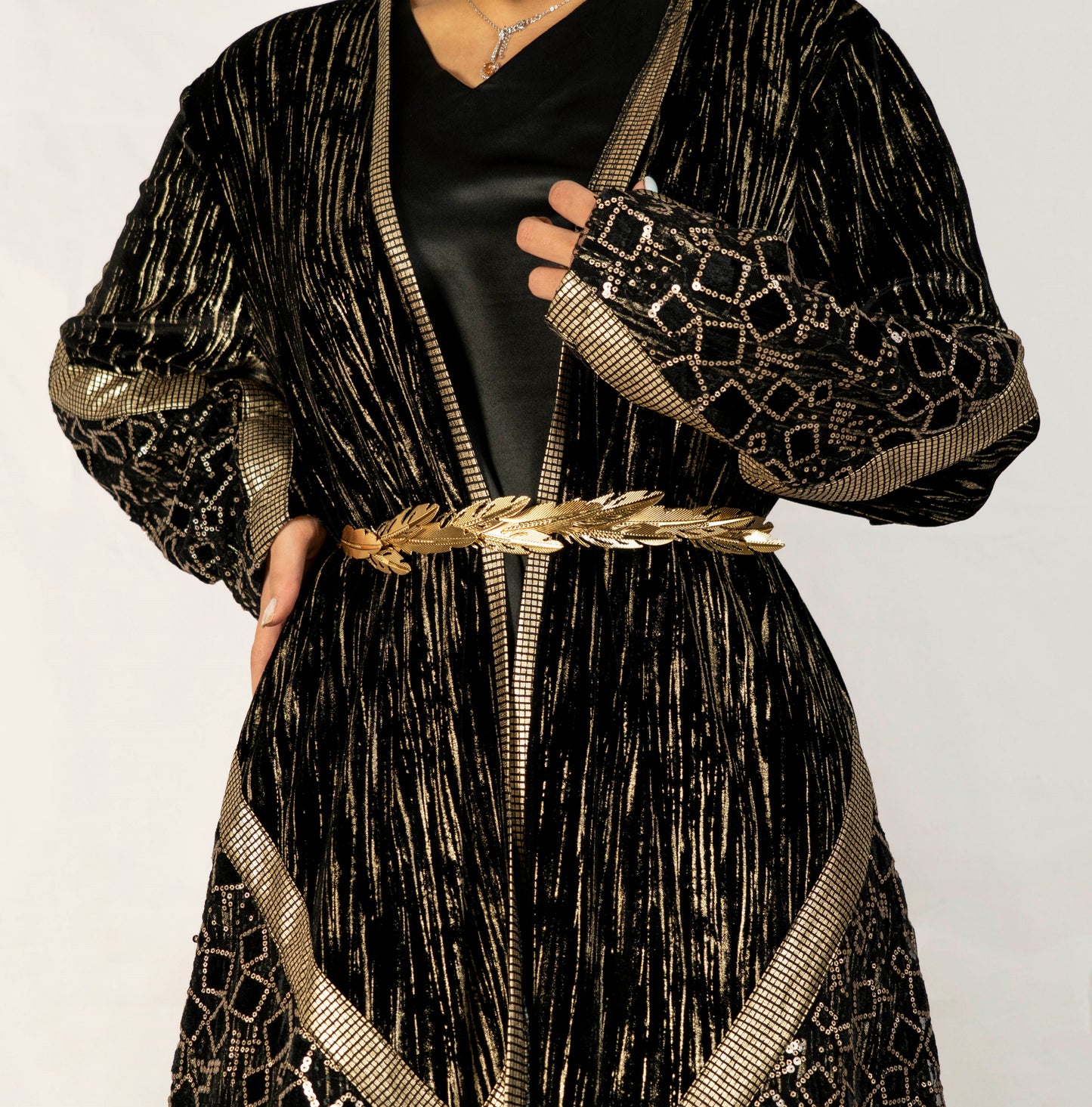 Black velvet abaya designed with multi fabrics and sequence