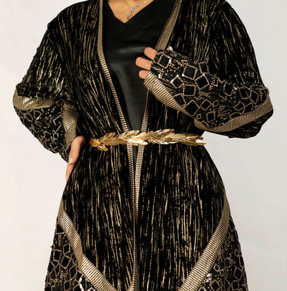 Black velvet abaya designed with multi fabrics and sequence