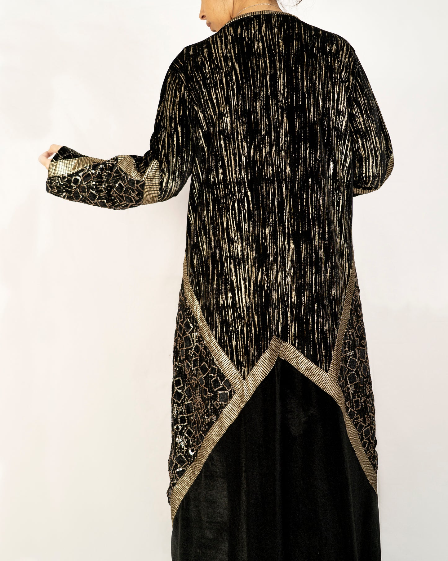 Black velvet abaya designed with multi fabrics and sequence