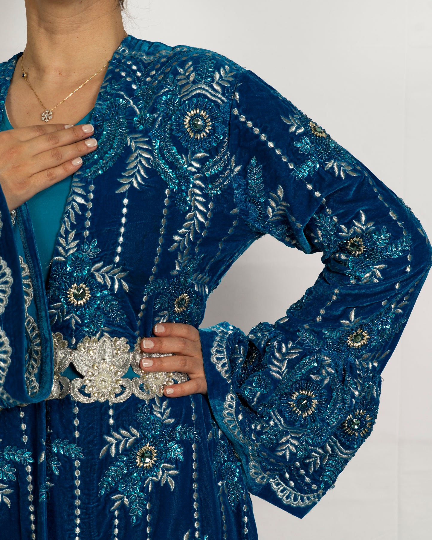 Turquoise velvet, hand made embroidery