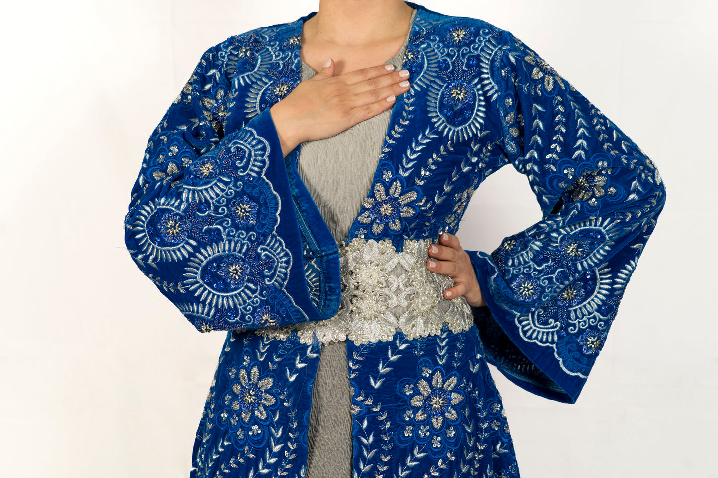 Indigo blue velvet caftan, hand made embroidery