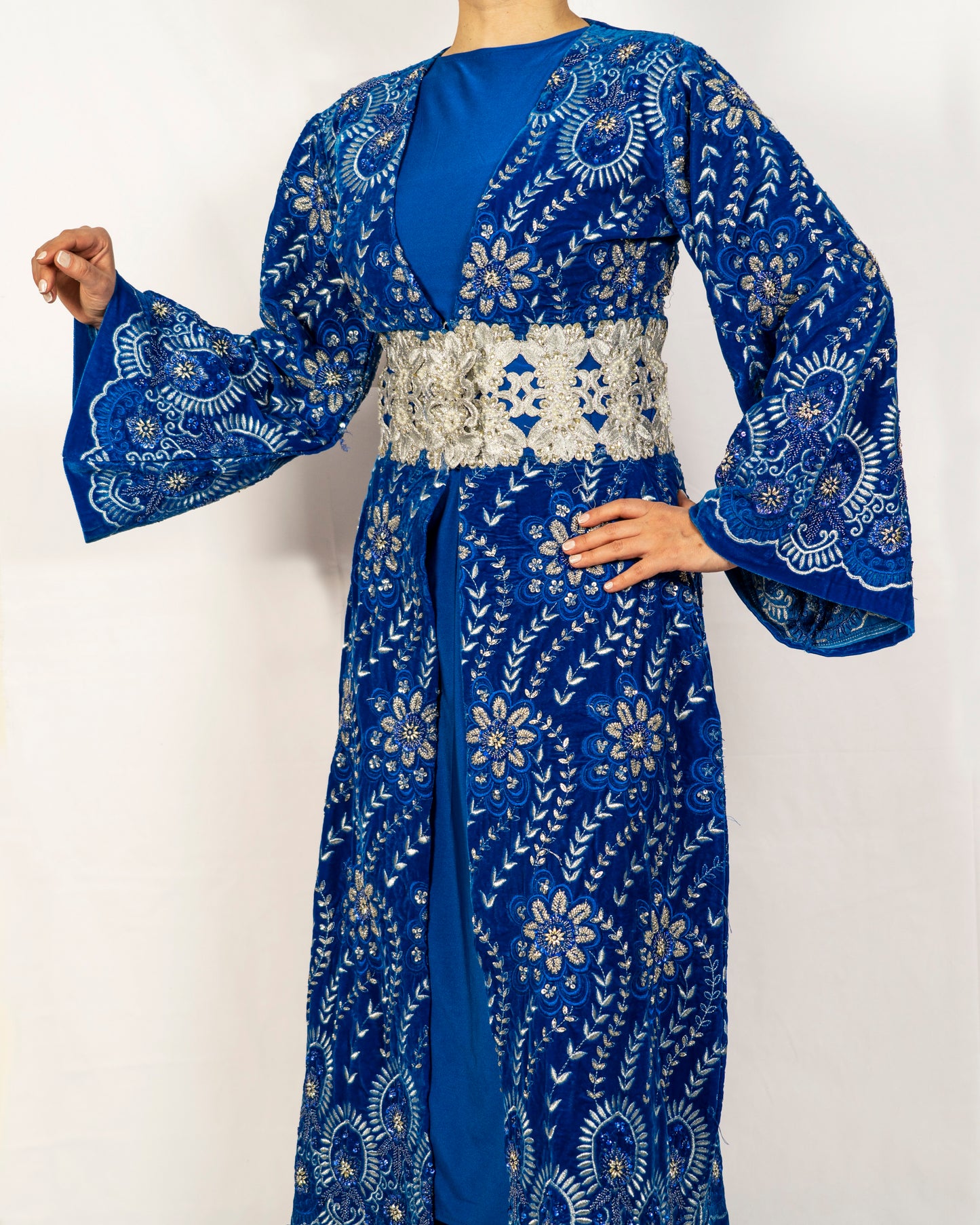 Indigo blue velvet caftan, hand made embroidery