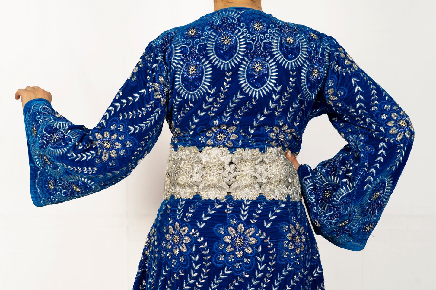 Indigo blue velvet caftan, hand made embroidery