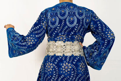 Indigo blue velvet caftan, hand made embroidery