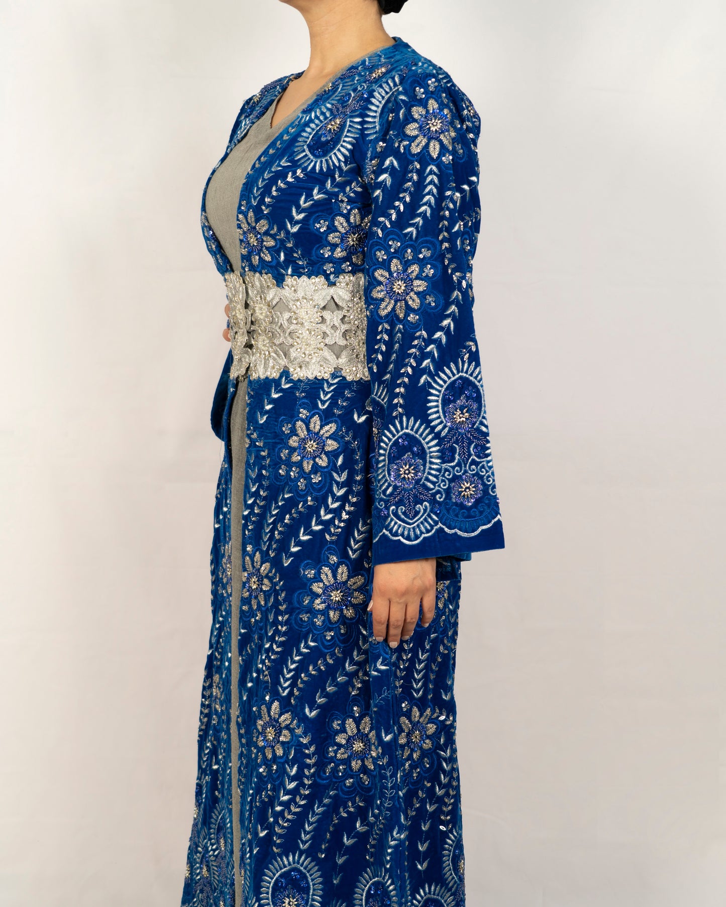 Indigo blue velvet caftan, hand made embroidery