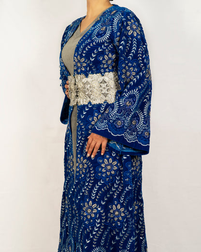 Indigo blue velvet caftan, hand made embroidery