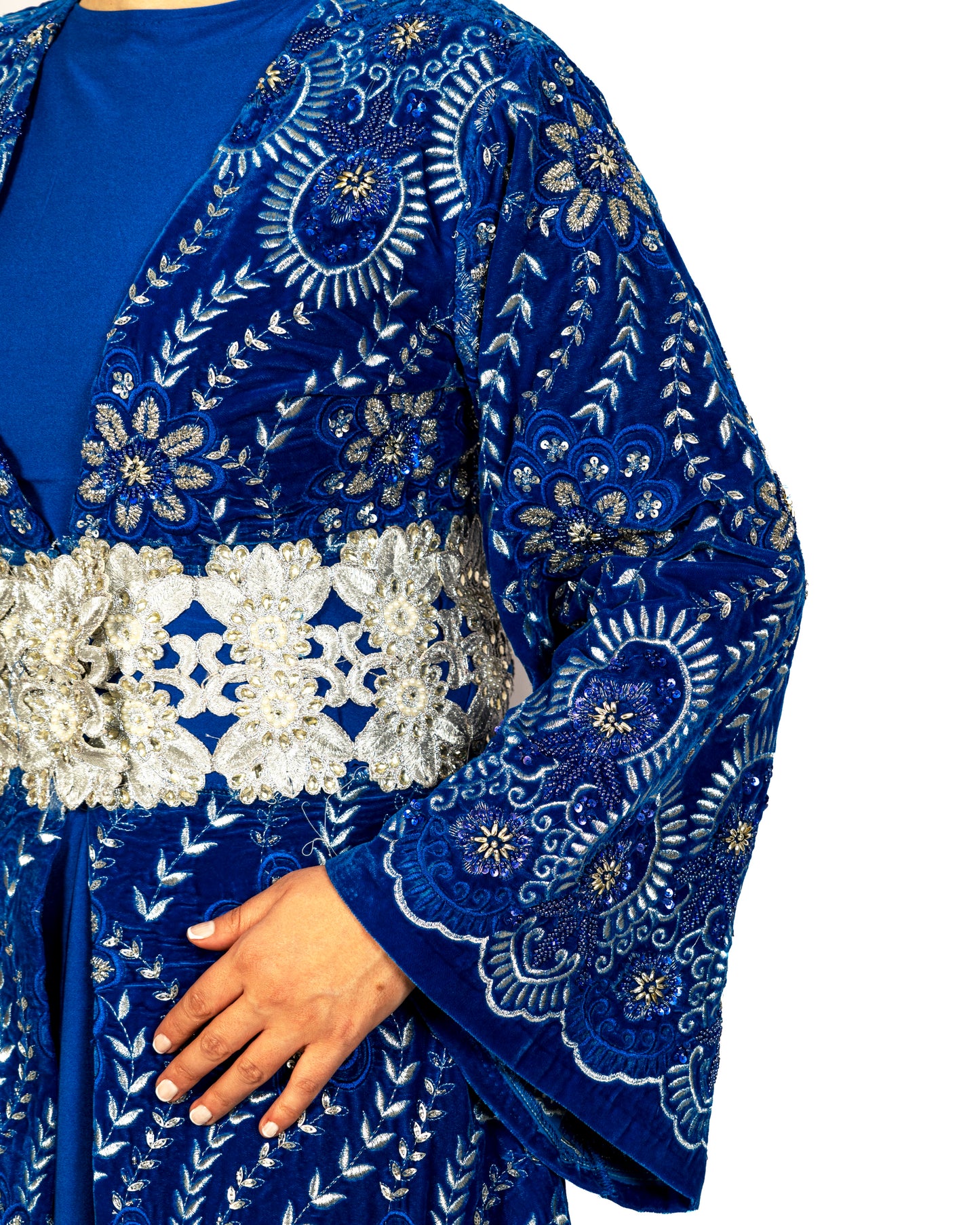 Indigo blue velvet caftan, hand made embroidery