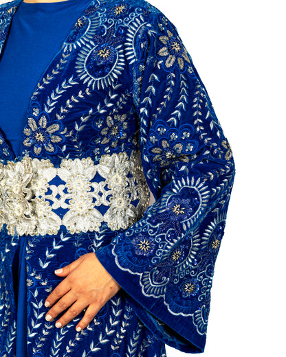 Indigo blue velvet caftan, hand made embroidery