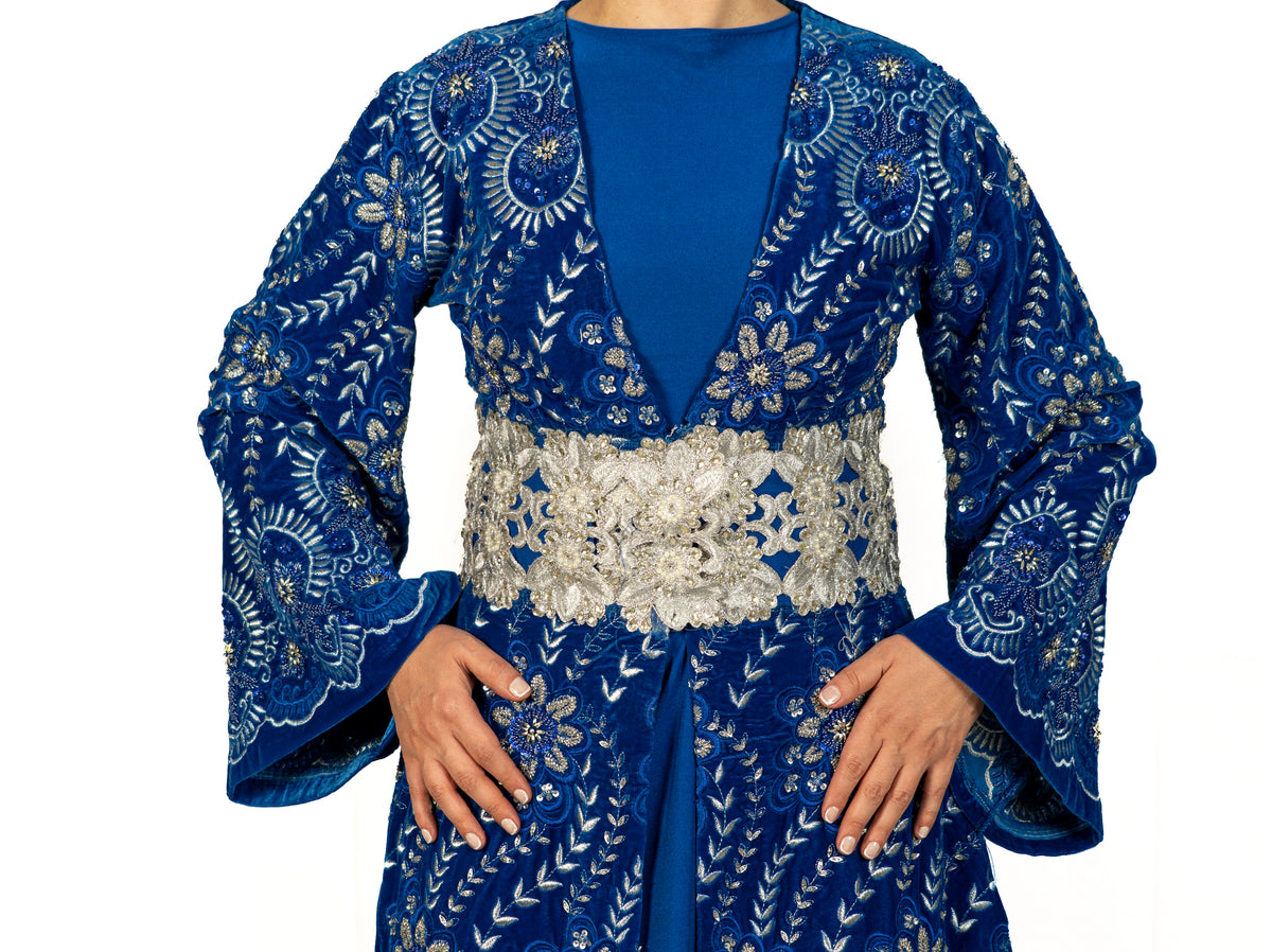 Indigo Blue Velvet Caftan Hand Made Embroidery