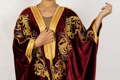 Dark red (russet) velvet bisht ,handmade embroidered