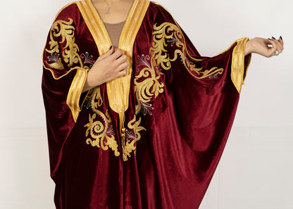 Dark red (russet) velvet bisht ,handmade embroidered
