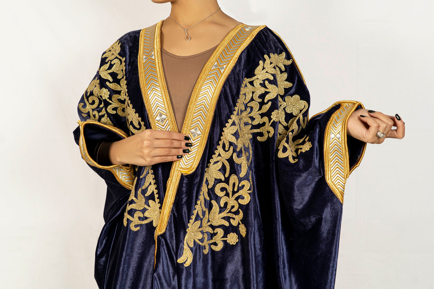 Dark blue velvet handmade embroidered bisht