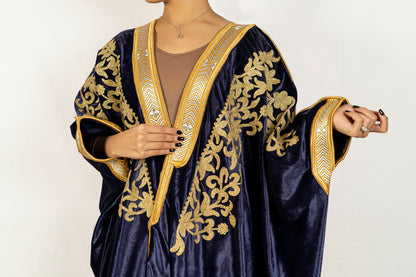 Dark blue velvet handmade embroidered bisht