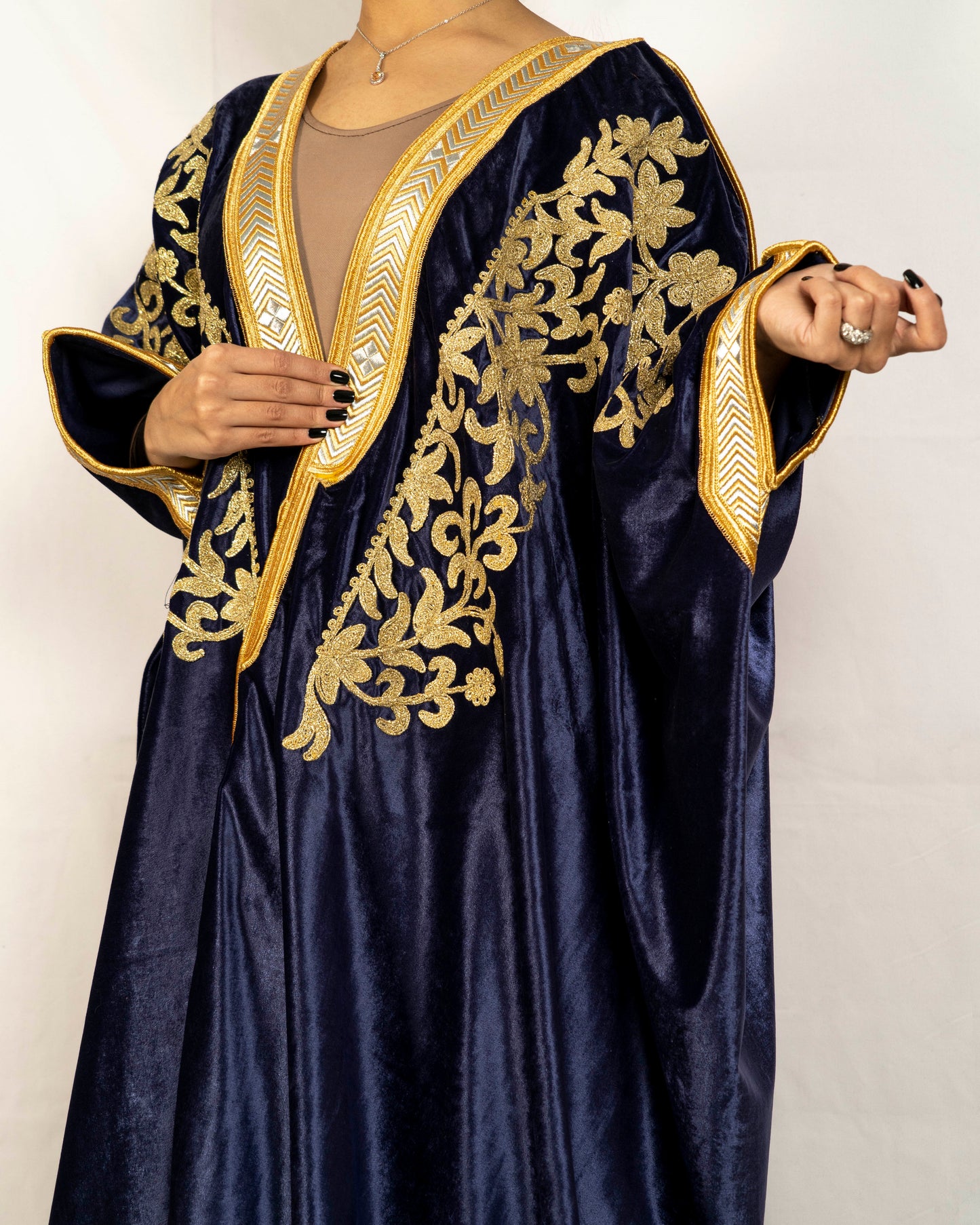 Dark blue velvet handmade embroidered bisht