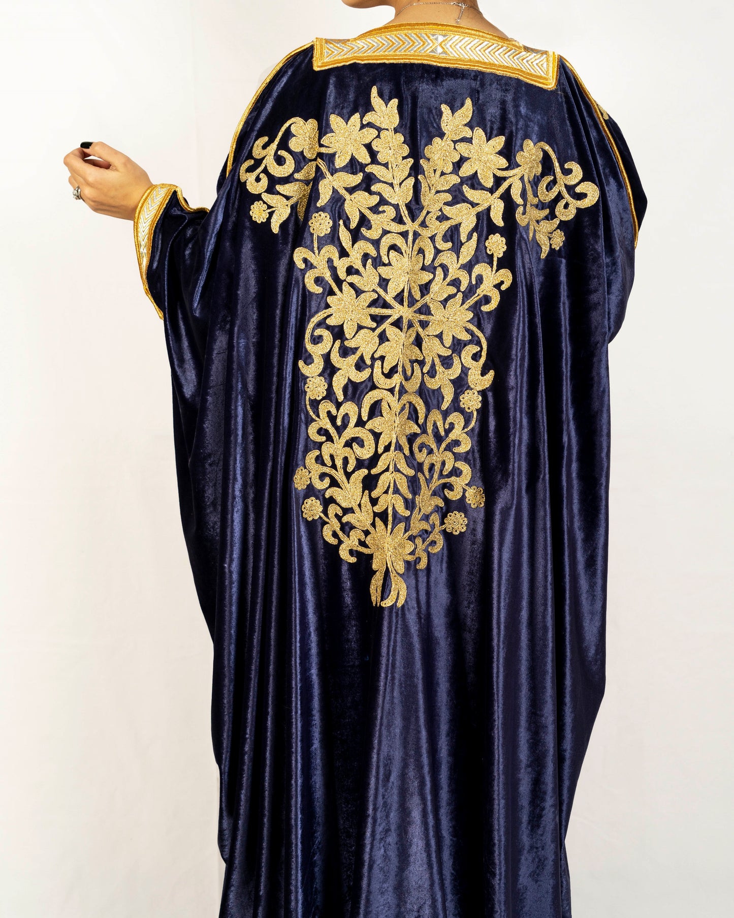 Dark blue velvet handmade embroidered bisht