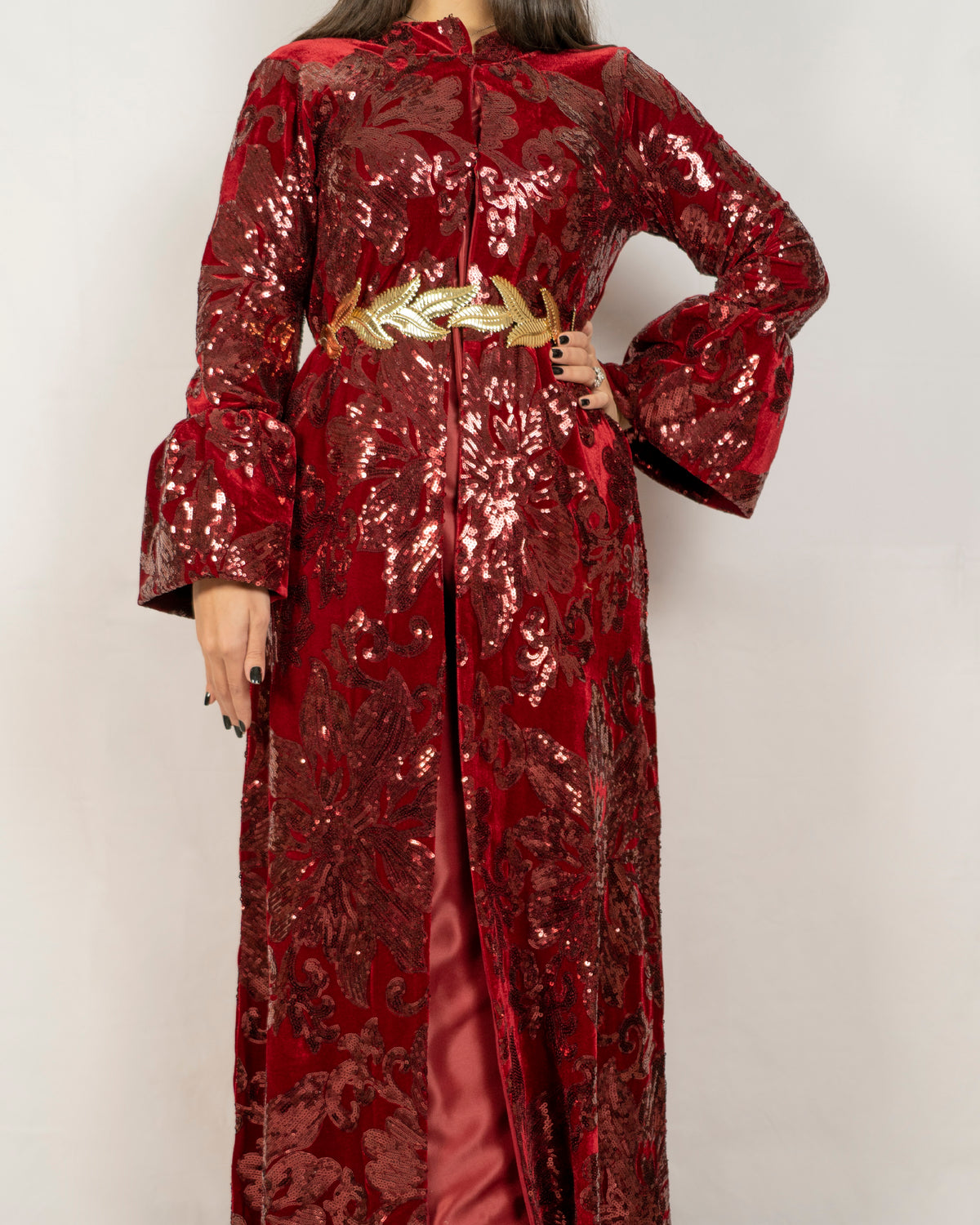 Russet Colour Base, Velvet Caftan Covered With Designed Sequence
