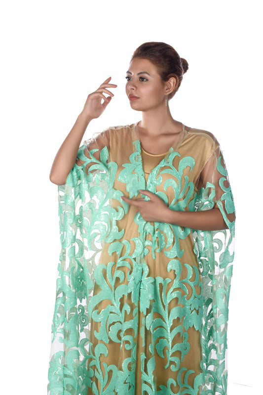 Beige tulle bisht with green sequence design