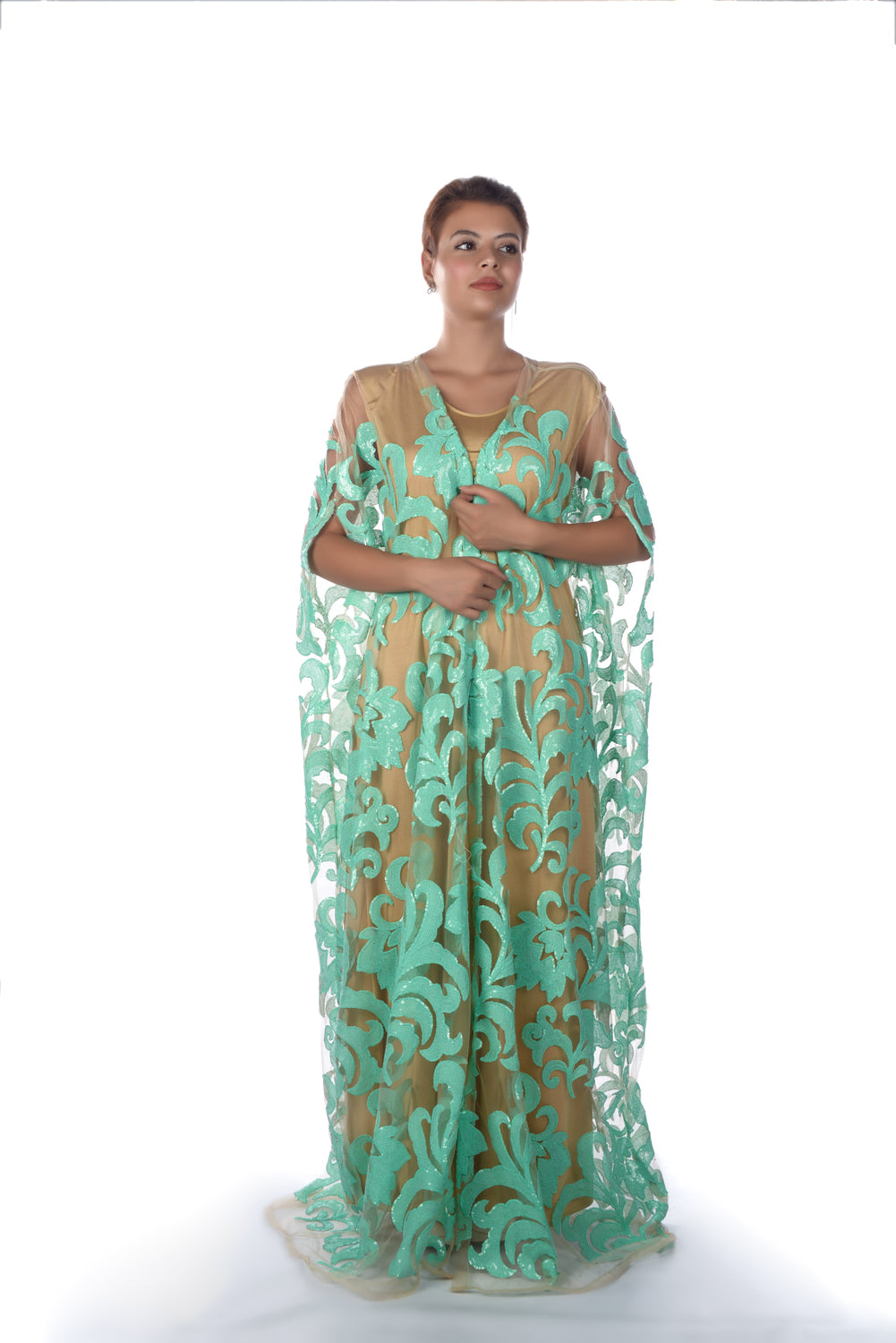 Beige Tulle Bisht With Green Sequence Design