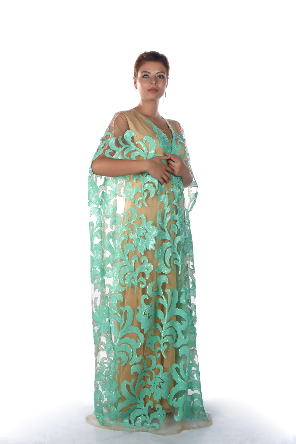 Beige Tulle Bisht With Green Sequence Design