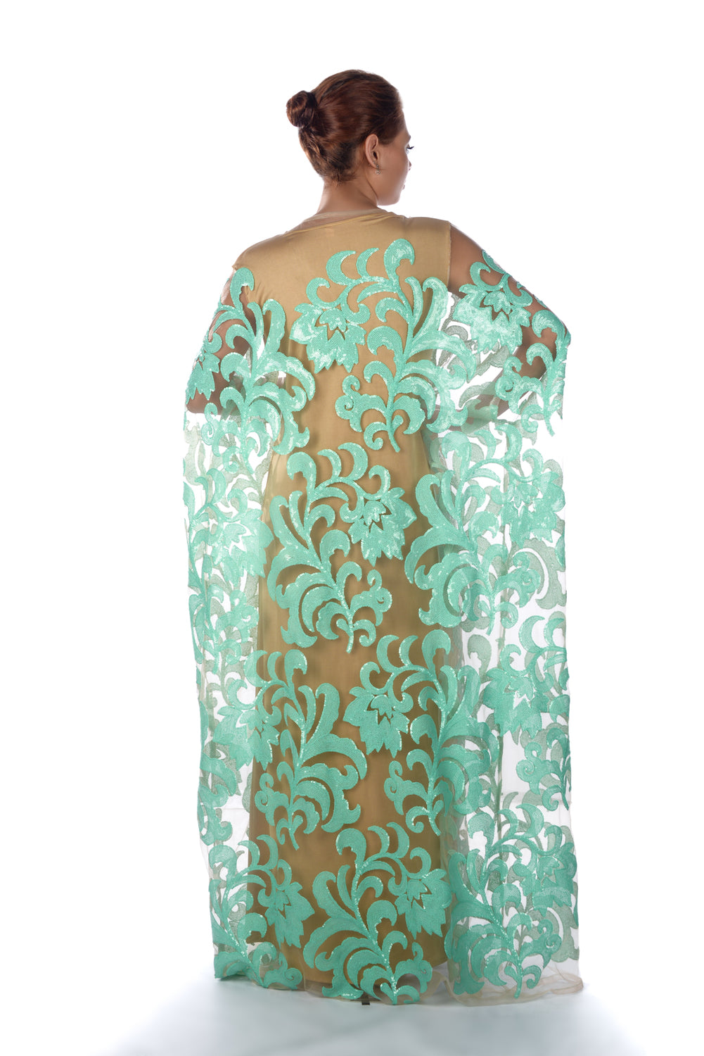 Beige tulle bisht with green sequence design