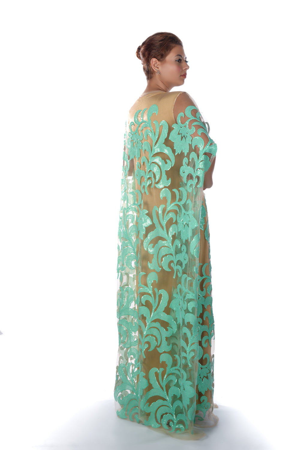 Beige tulle bisht with green sequence design
