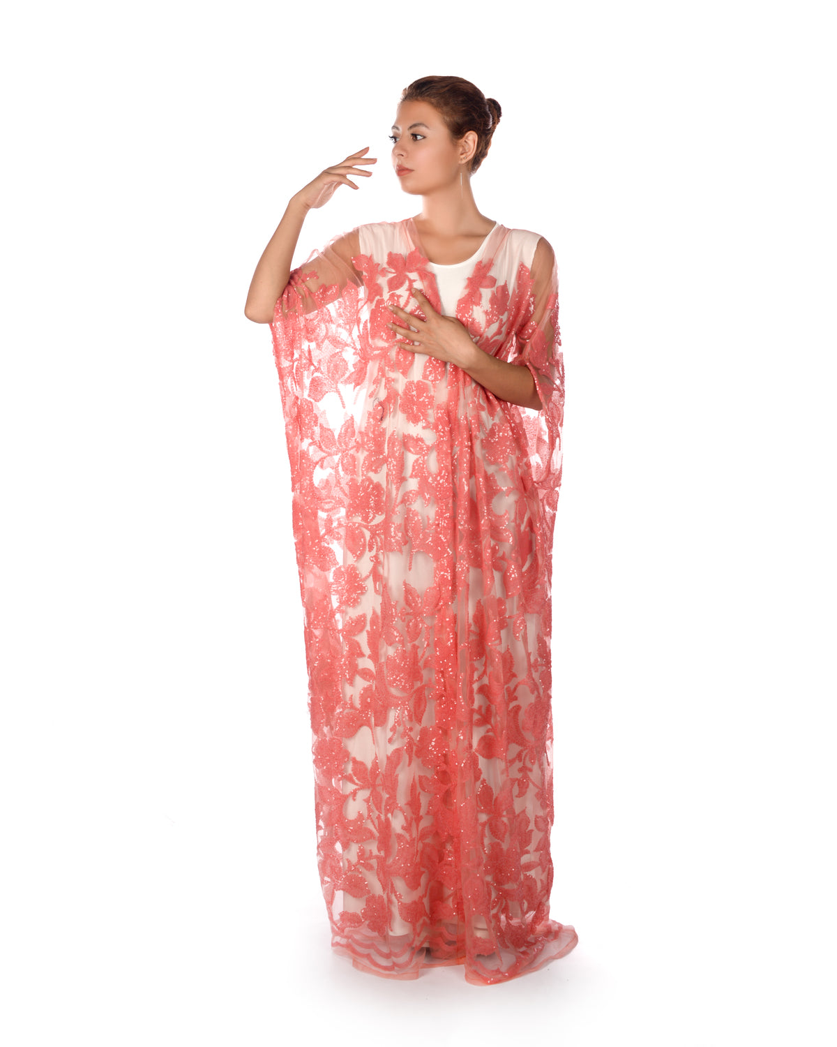 Peach tulle bisht with sequence design