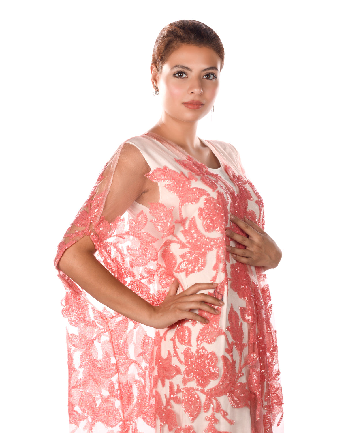 Peach tulle bisht with sequence design