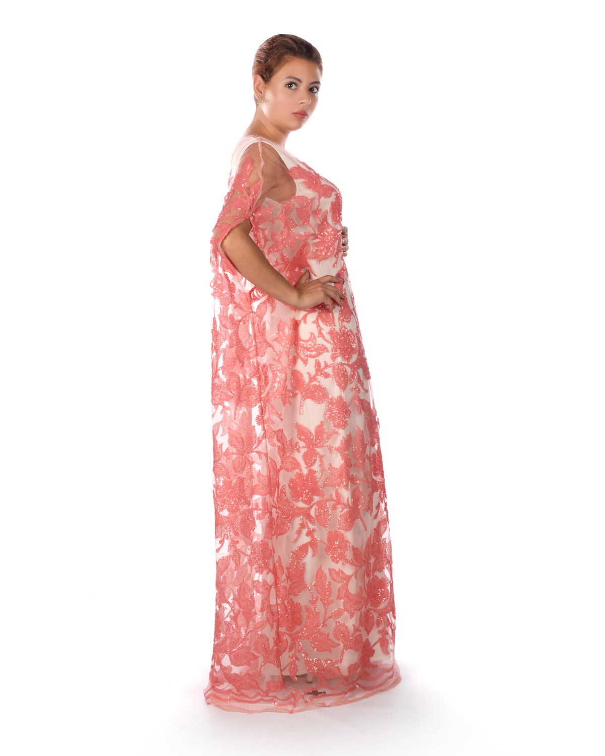 Peach tulle bisht with sequence design