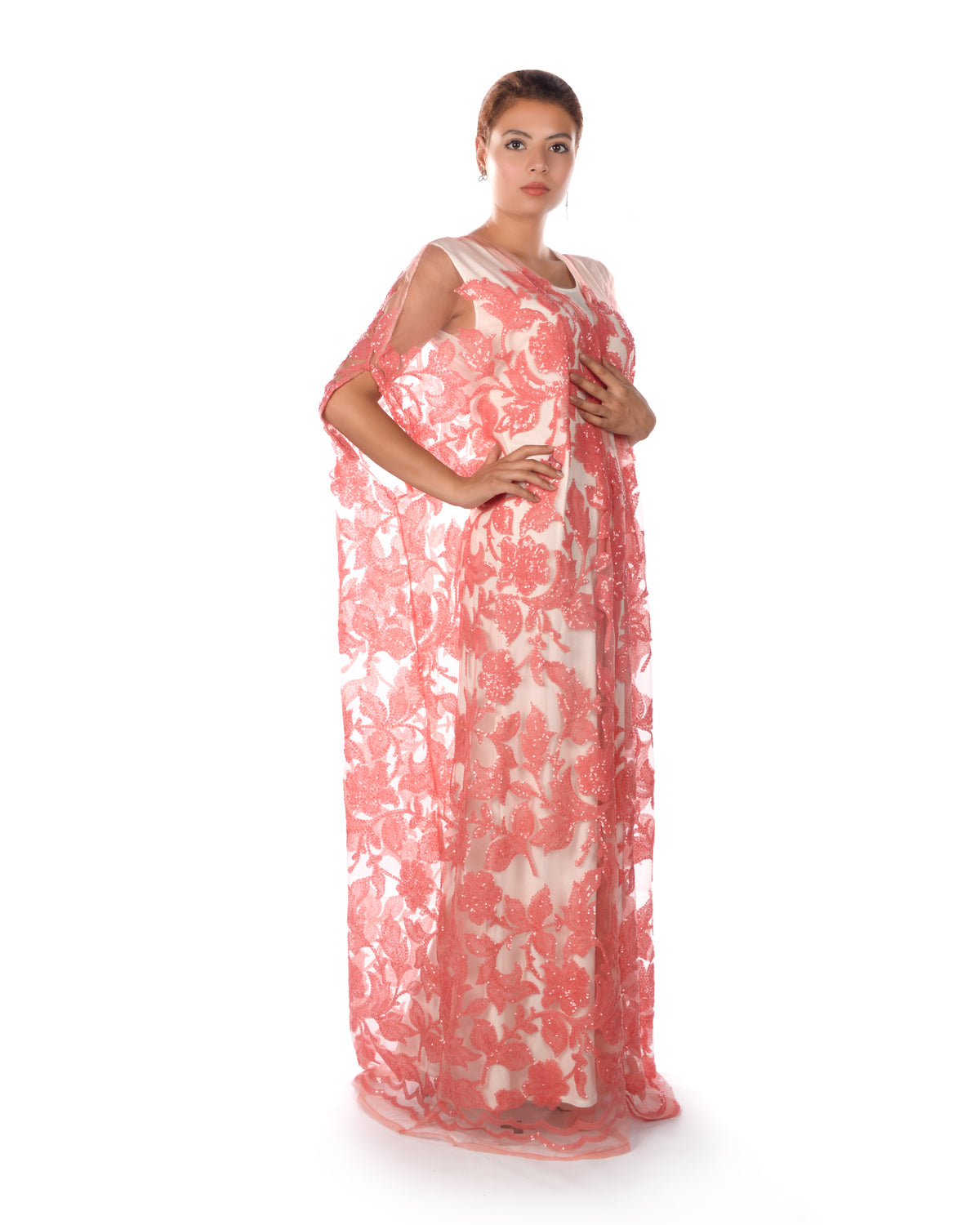 Peach tulle bisht with sequence design