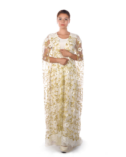 Off white golden 3d dantel bisht