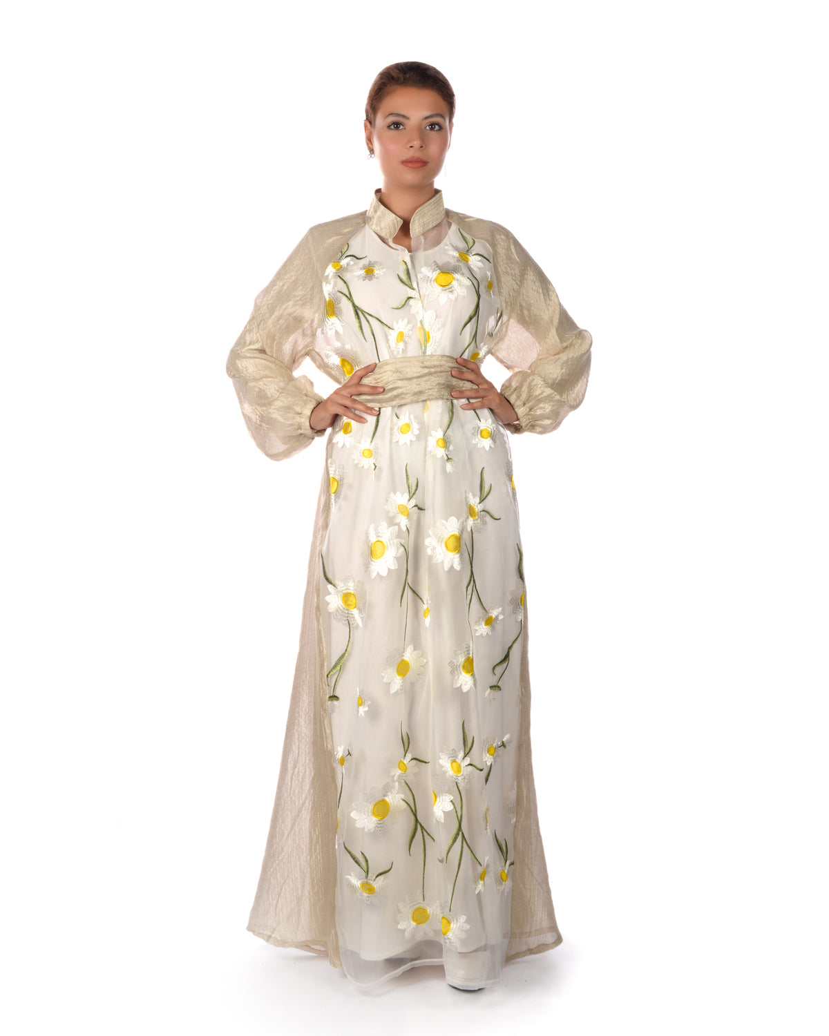 Beige Silver Kaftan With Sunflower Embroidered Organza