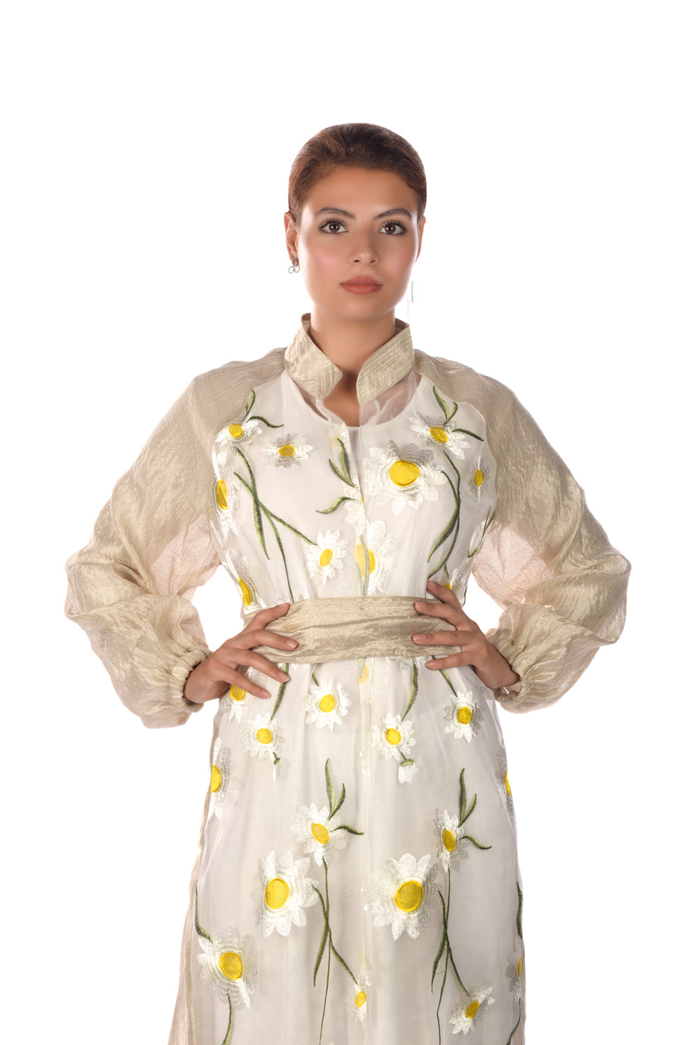 Beige Silver Kaftan With Sunflower Embroidered Organza