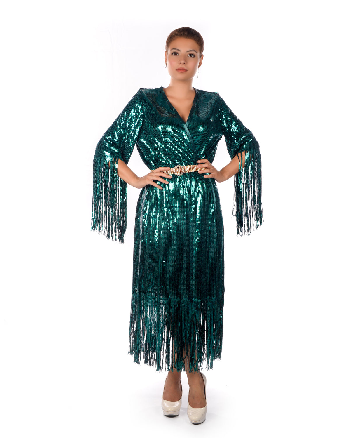 Deep teal green sequins kaftan dress with fringe