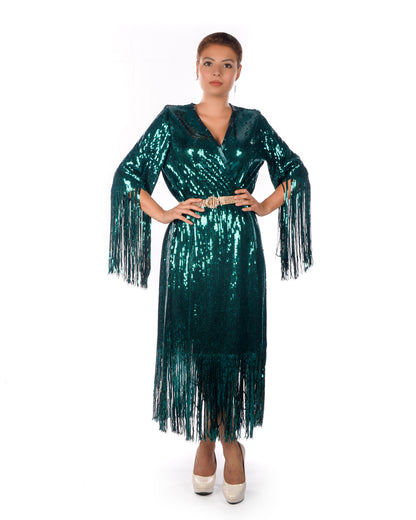 Deep teal green sequins kaftan dress with fringe
