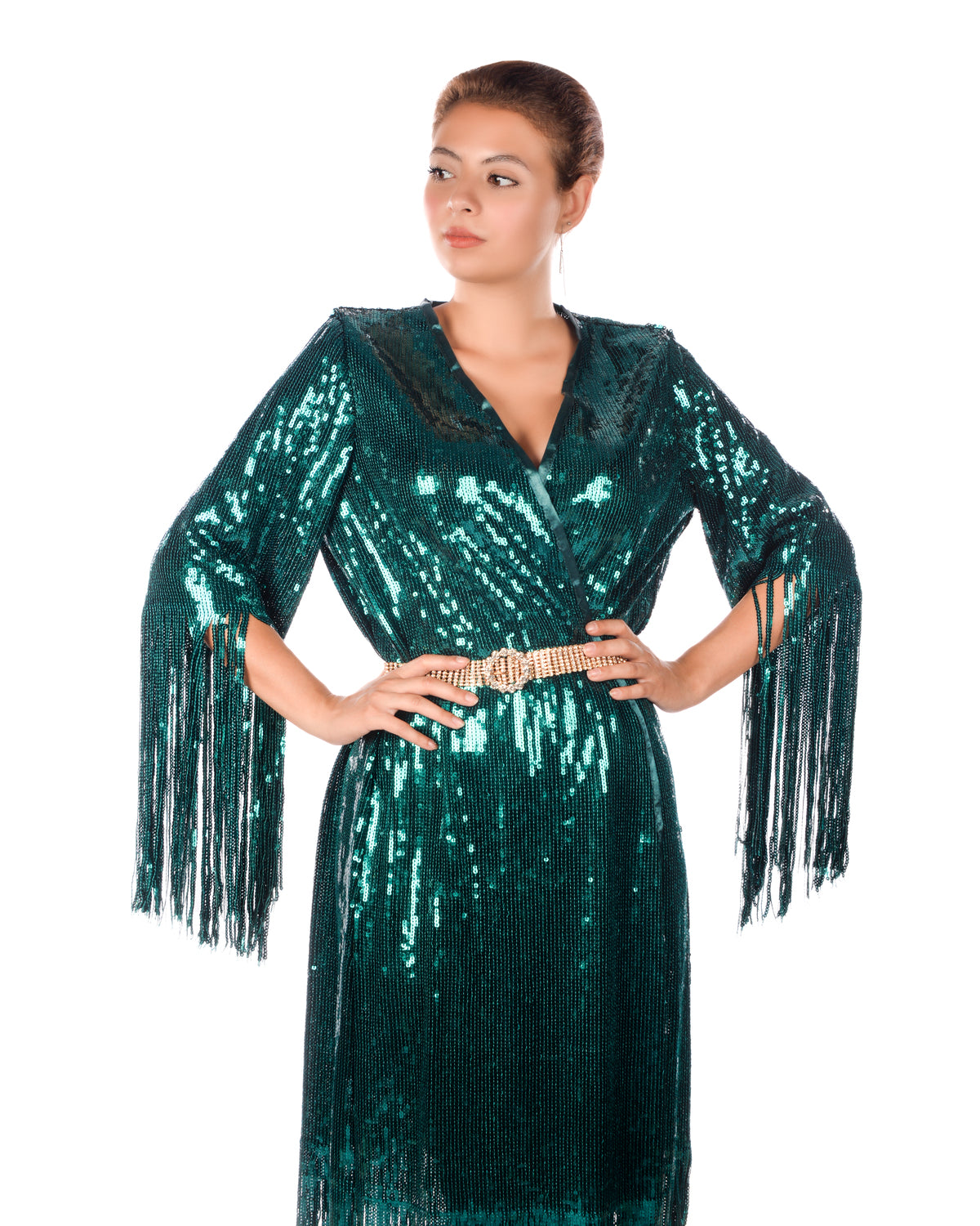 Deep teal green sequins kaftan dress with fringe