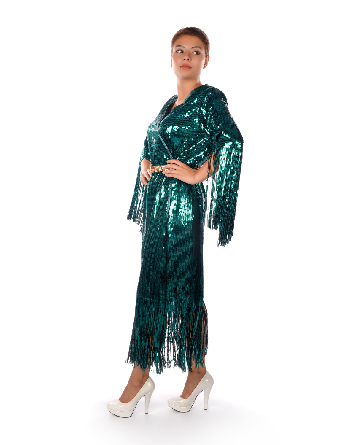 Deep teal green sequins kaftan dress with fringe