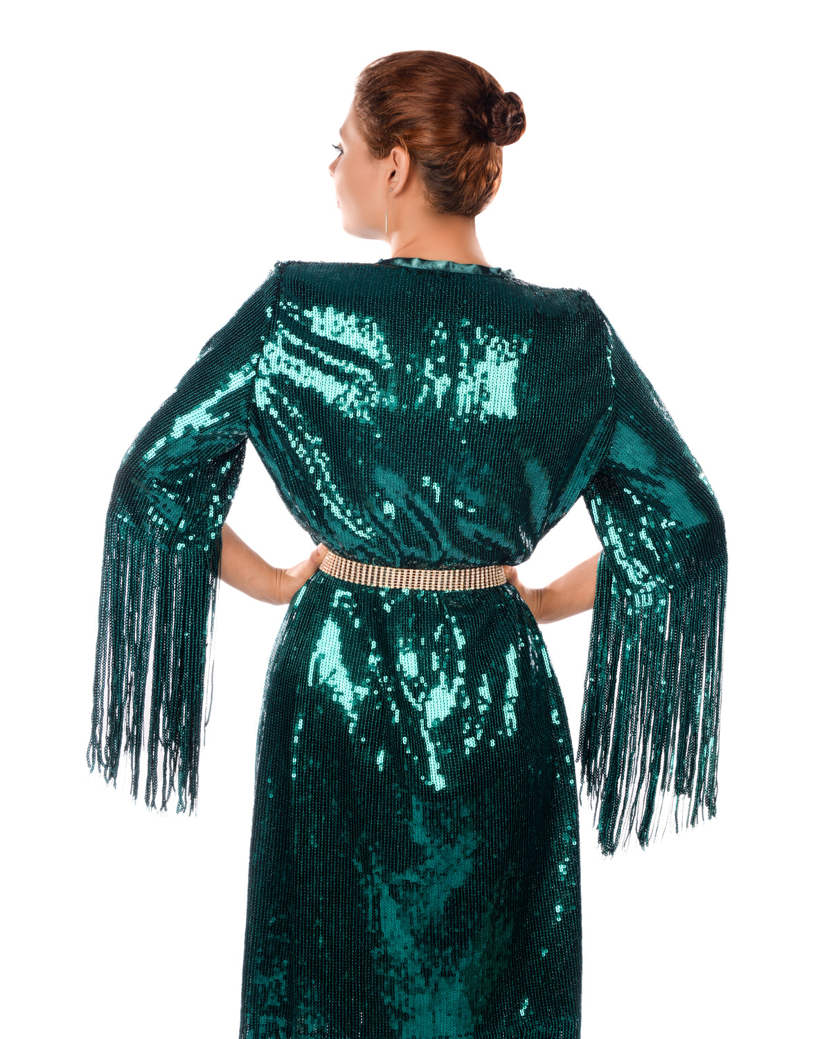 Deep teal green sequins kaftan dress with fringe