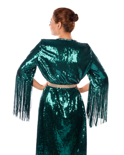 Deep teal green sequins kaftan dress with fringe