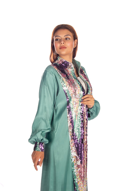 Mint green silk organza kaftan