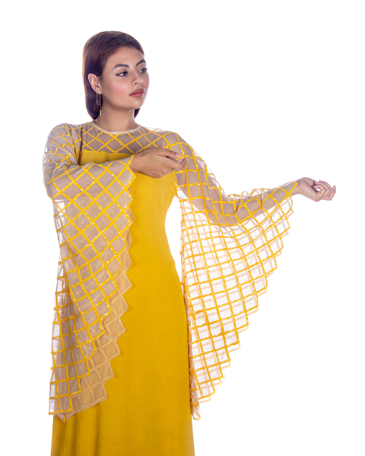 Yellow Sequence Embroidery Sleeves Kaftan Dress