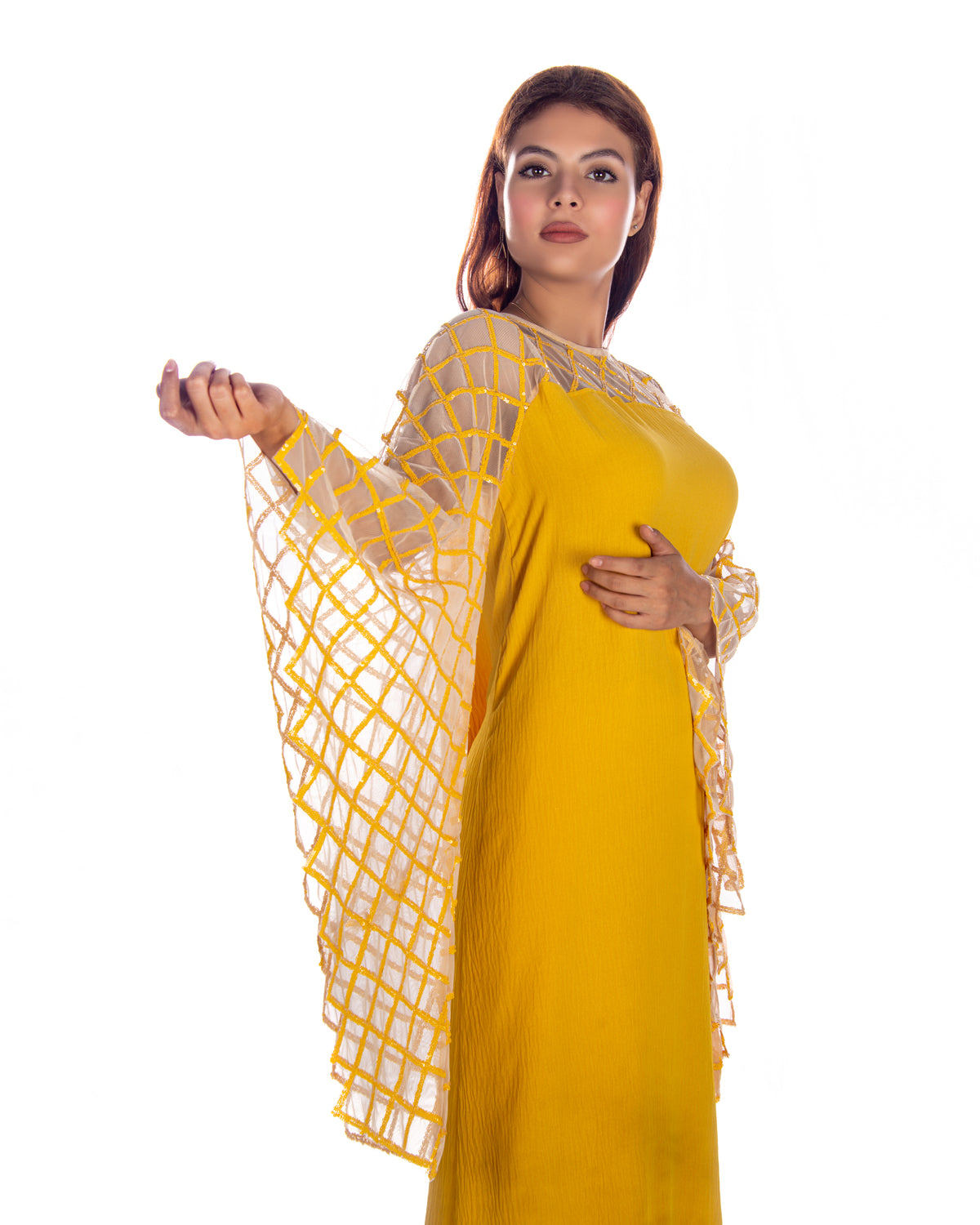 Yellow Sequence Embroidery Sleeves Kaftan Dress