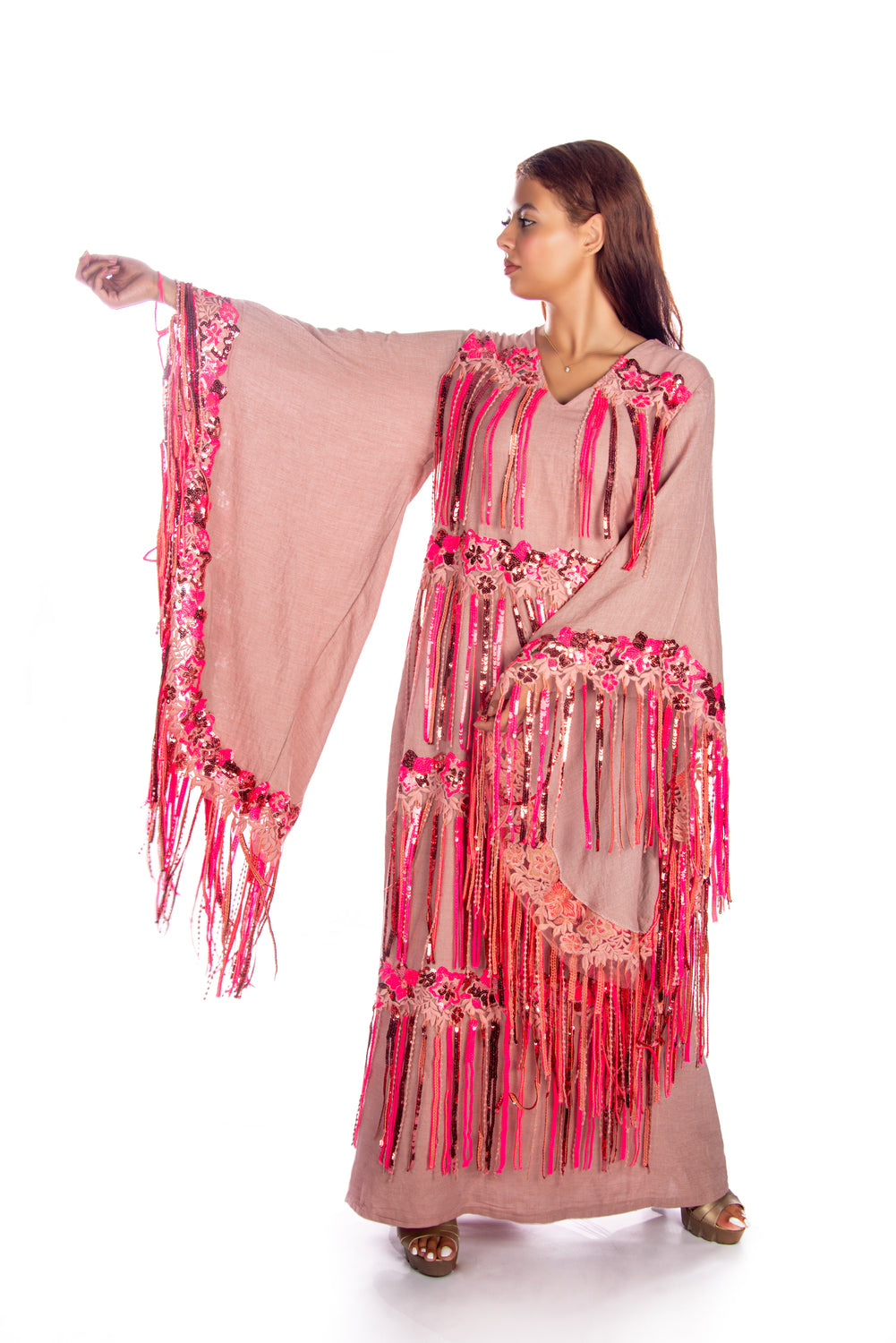 Pink Linen Kaftan Dress With Fuchsia Tassels