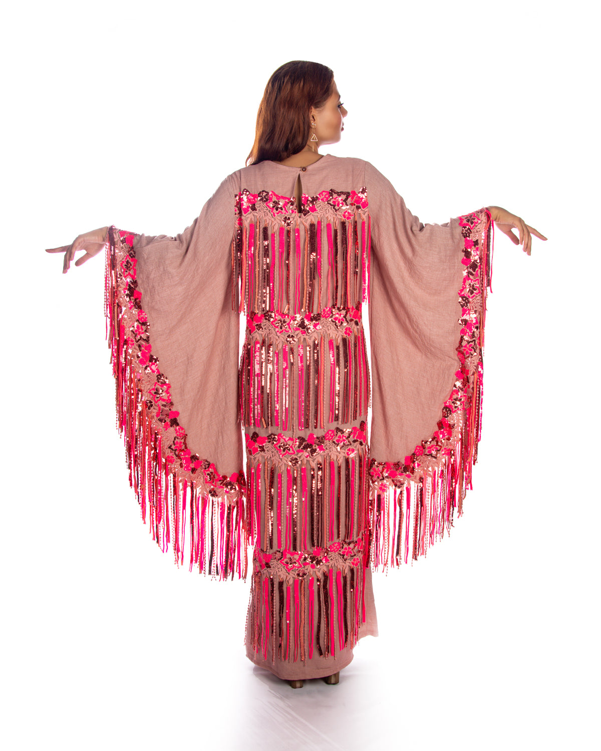 Pink Linen Kaftan Dress With Fuchsia Tassels