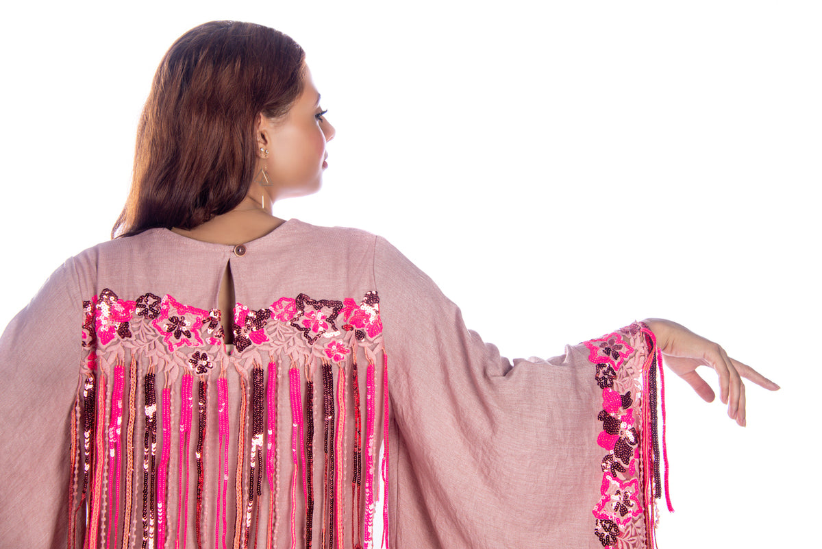 Pink Linen Kaftan Dress With Fuchsia Tassels