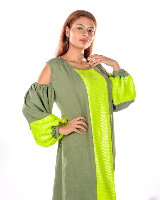Olive Green Embroidered Kaftan Dress
