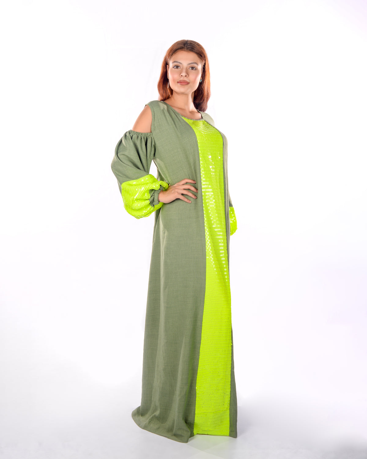 Olive Green Embroidered Kaftan Dress