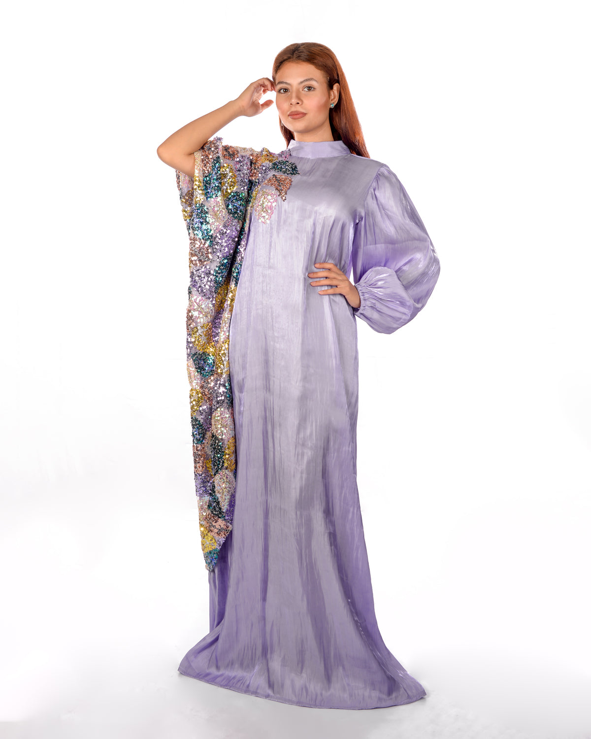 Lavender silk organza kaftan with colorful sequins